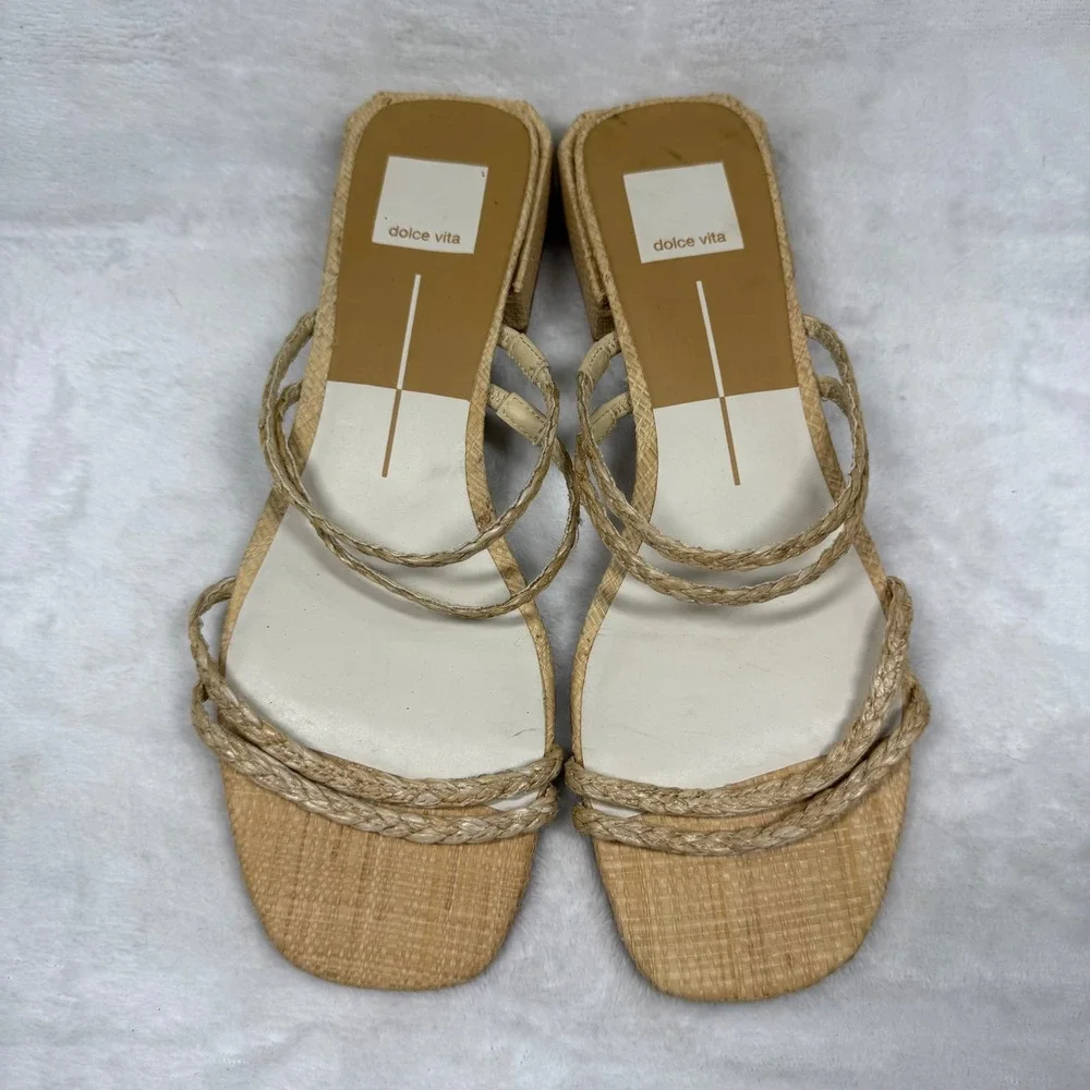 Dolce Vita Paily Braided Raffia Low Block Heel‎ Slide Sandals Tan Womens 8.5